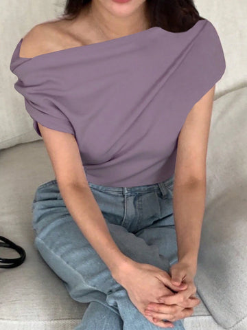 DAZY Women's Solid Color Pleated Shoulder T-Shirt