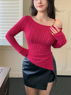 Women's Solid Color Asymmetric Collar Long Sleeve Side Slit Hem Fitted Ribbed T-Shirt shein