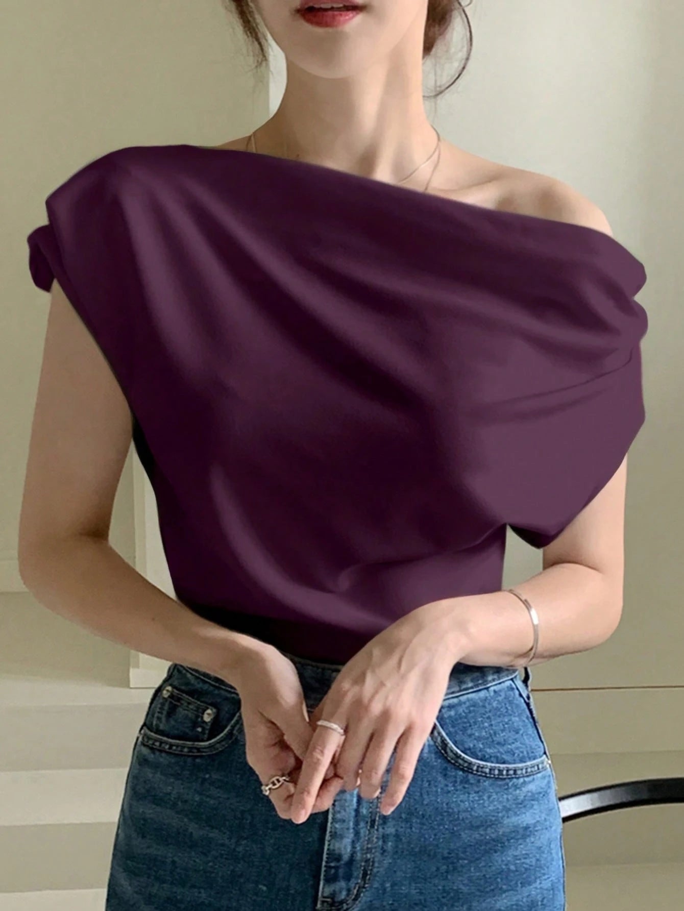DAZY Solid Asymmetrical Neck Batwing Sleeve Tee