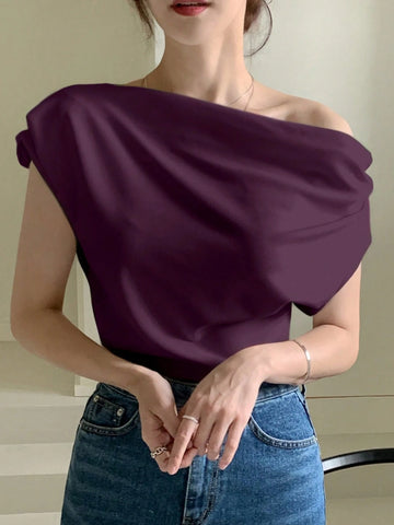 DAZY Solid Asymmetrical Neck Batwing Sleeve Tee
