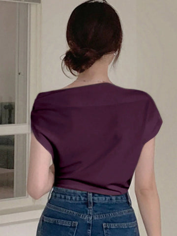 DAZY Solid Asymmetrical Neck Batwing Sleeve Tee