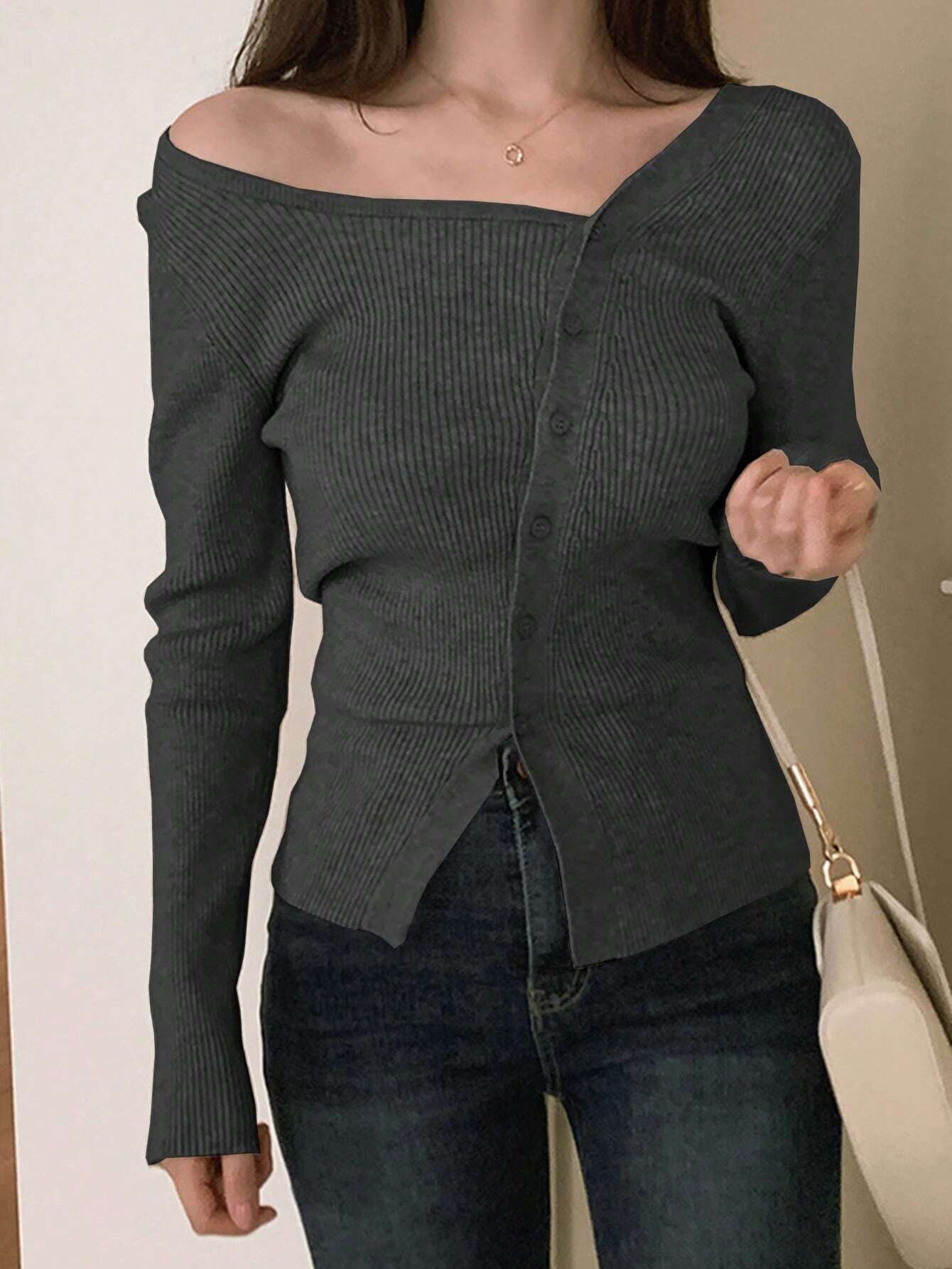 DAZY Women's Casual Solid Color Front Button Oblique Shoulder Cardigan shein