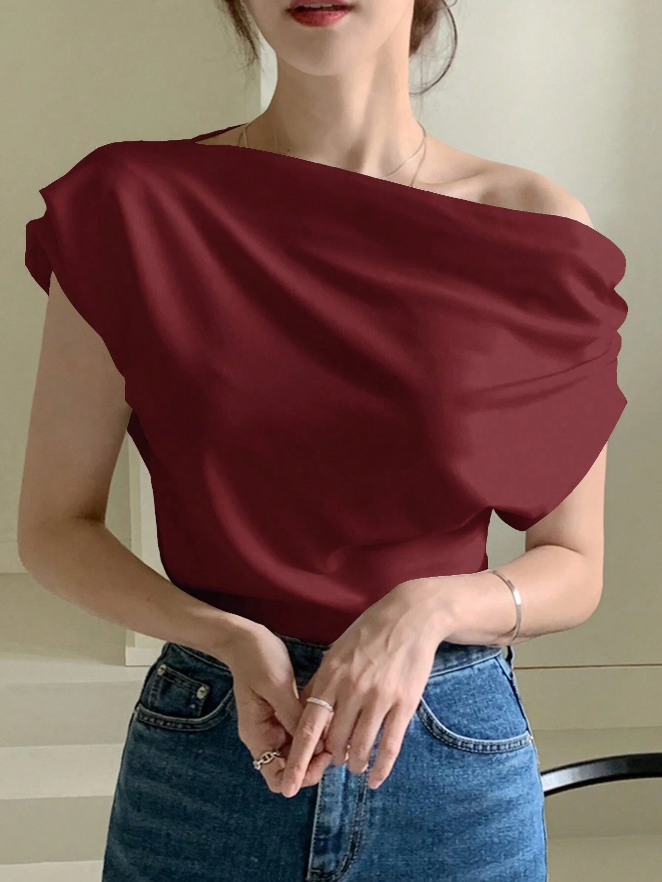 DAZY Solid Asymmetrical Neck Batwing Sleeve Tee