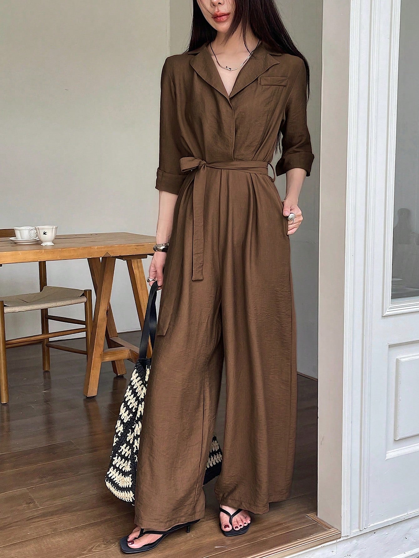 DAZY Women's Vacation Floral Print 3/4 Sleeve Palazzo Jumpsuit