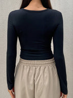 Women's Solid Color Hollow Out Round Neck Fitted Long Sleeve T-Shirt