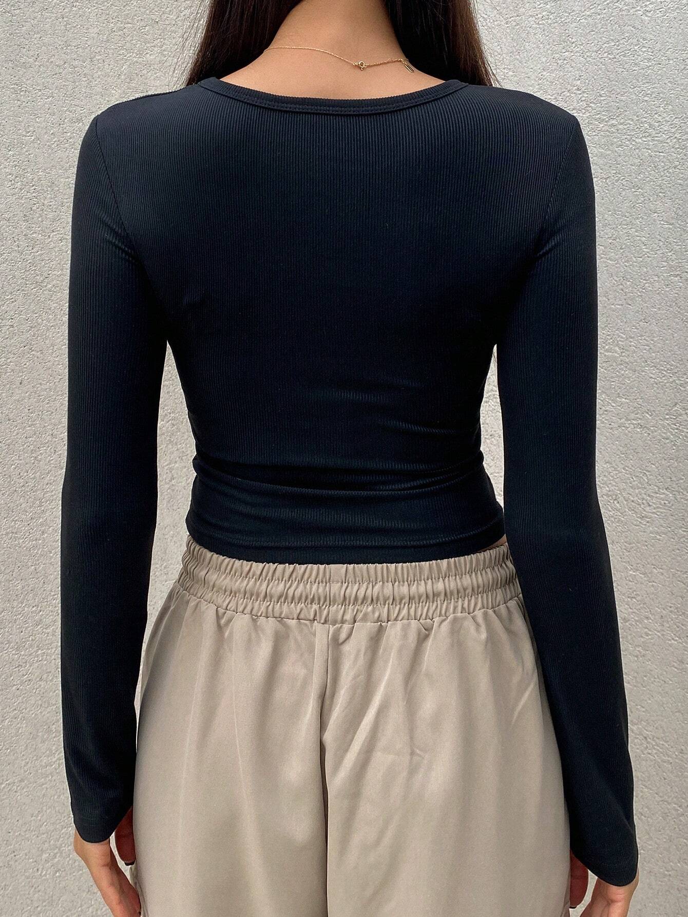 Women's Solid Color Hollow Out Round Neck Fitted Long Sleeve T-Shirt