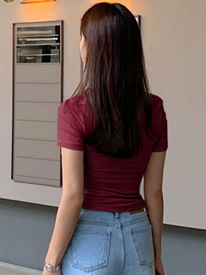 DAZY Women's Solid Color Mesh Patchwork Slim Fit Short Sleeve T-Shirt