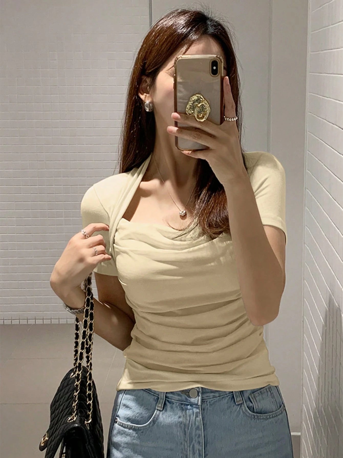 DAZY Women's Solid Color Mesh Patchwork Slim Fit Short Sleeve T-Shirt