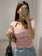 DAZY Women's Solid Color Mesh Patchwork Slim Fit Short Sleeve T-Shirt shein