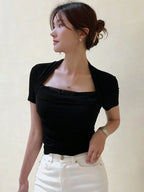 DAZY Women's Solid Color Mesh Patchwork Slim Fit Short Sleeve T-Shirt shein