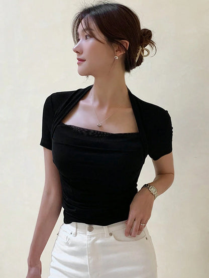 DAZY Women's Solid Color Mesh Patchwork Slim Fit Short Sleeve T-Shirt