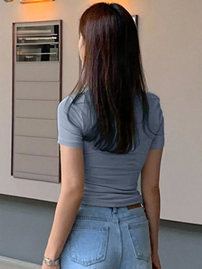 DAZY Women's Solid Color Mesh Patchwork Slim Fit Short Sleeve T-Shirt