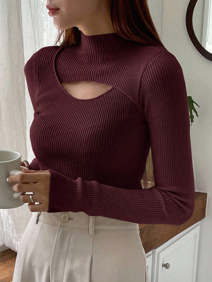 DAZY Cut Out Mock Neck Ribbed Knit Sweater,Long Sleeve Tops