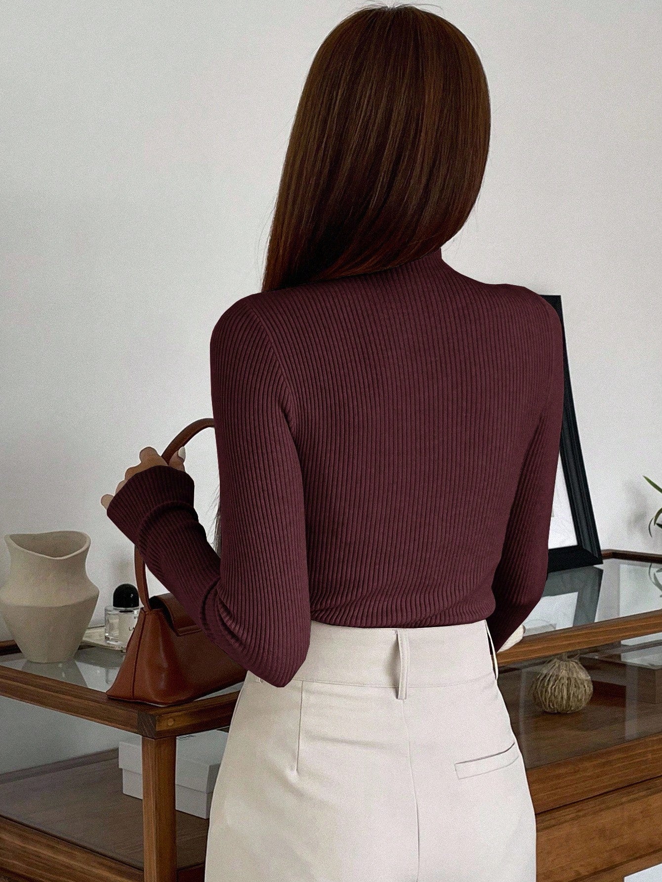 DAZY Cut Out Mock Neck Ribbed Knit Sweater,Long Sleeve Tops