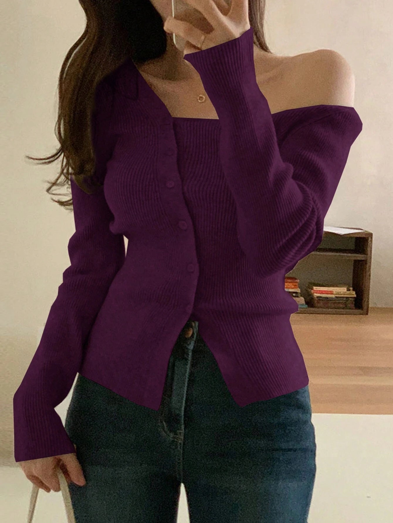 DAZY Women's Casual Solid Color Front Button Oblique Shoulder Cardigan shein