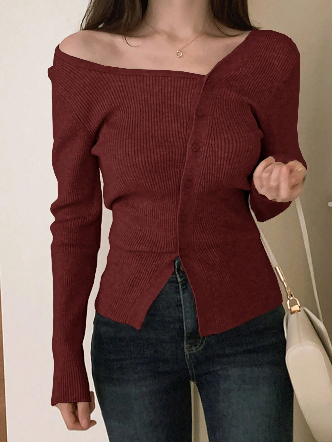 DAZY Women's Casual Solid Color Front Button Oblique Shoulder Cardigan shein