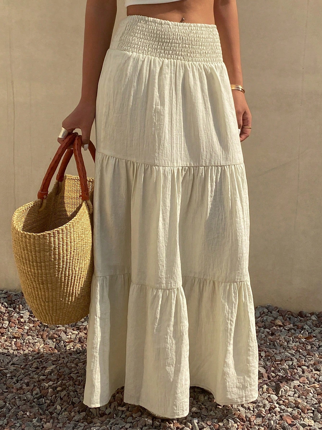 DAZY Women's Lightweight Summer Vacation Solid Color Textured Ruffle Hem Skirt