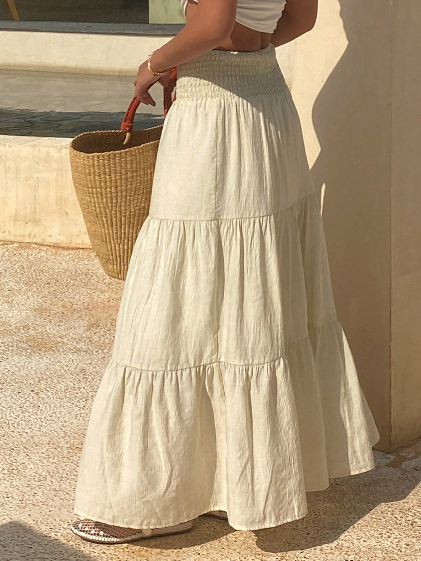 DAZY Women's Lightweight Summer Vacation Solid Color Textured Ruffle Hem Skirt