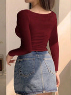Women's Solid Color Sweetheart Neck Ruched Fitted Long Sleeve T-Shirt