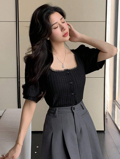 DAZY Women's Solid Color Textured Fabric Square Neck Short Sleeve Shirt