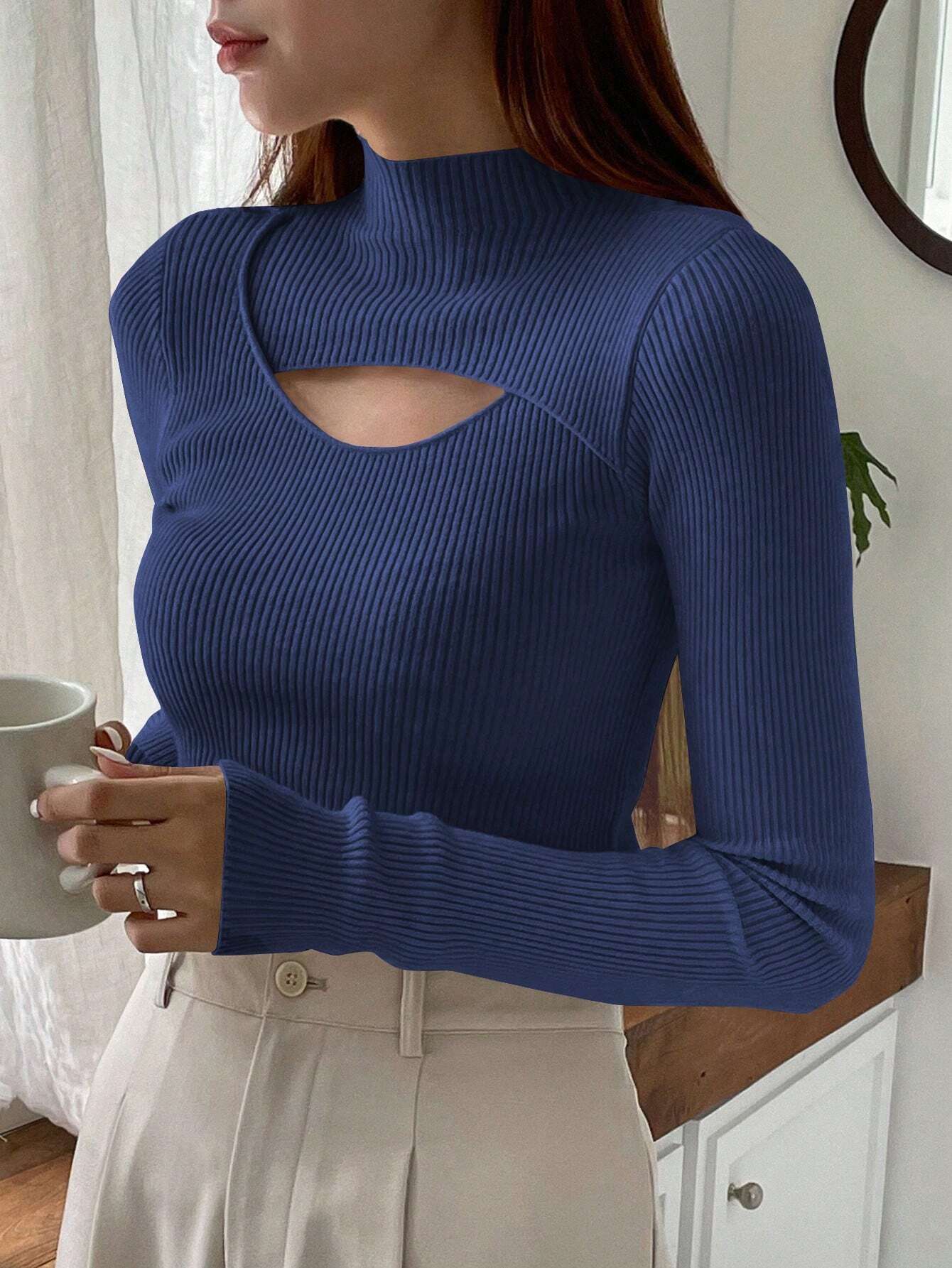 DAZY Cut Out Mock Neck Ribbed Knit Sweater,Long Sleeve Tops