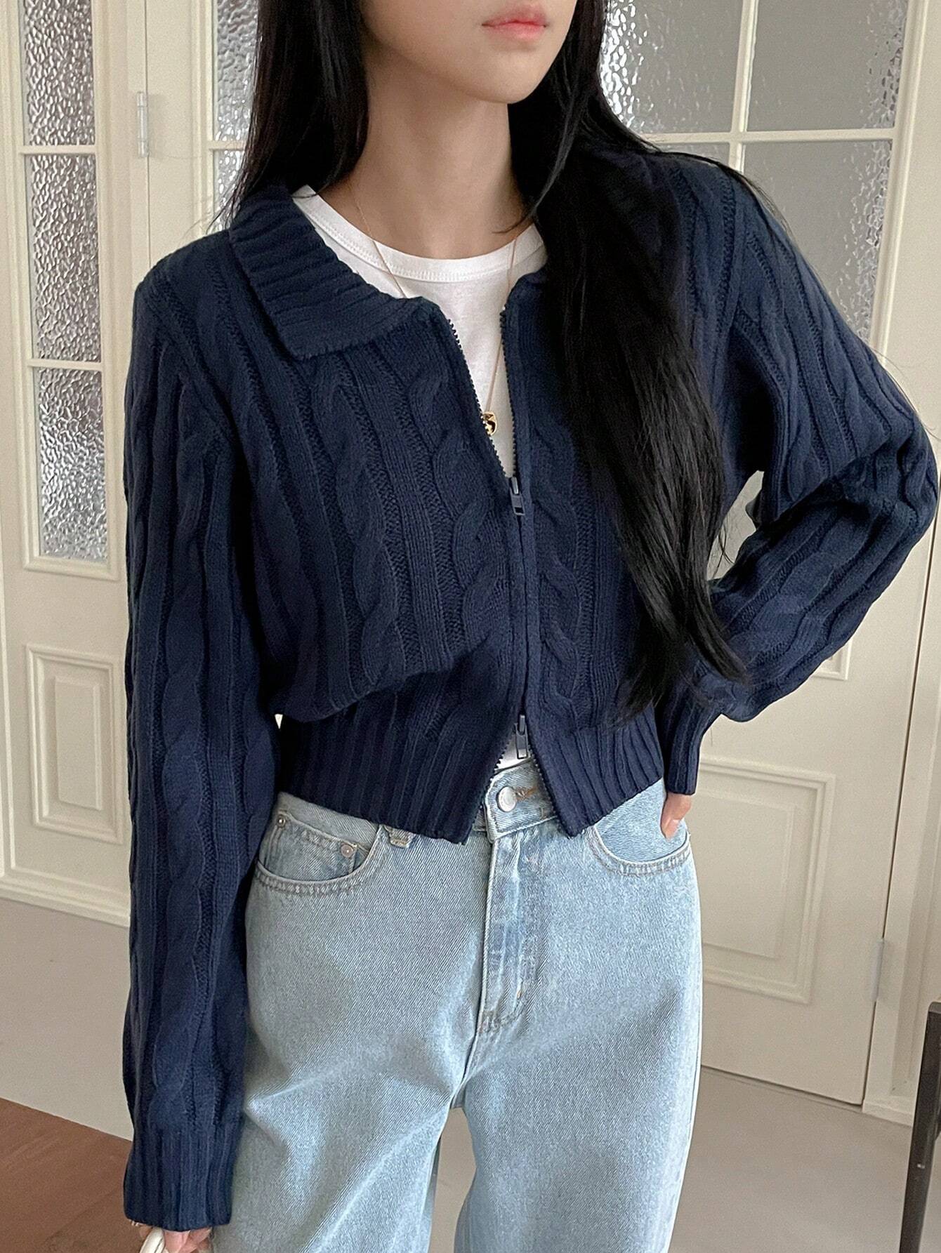 Casual Solid Color Lapel Zipper Cropped Sweater