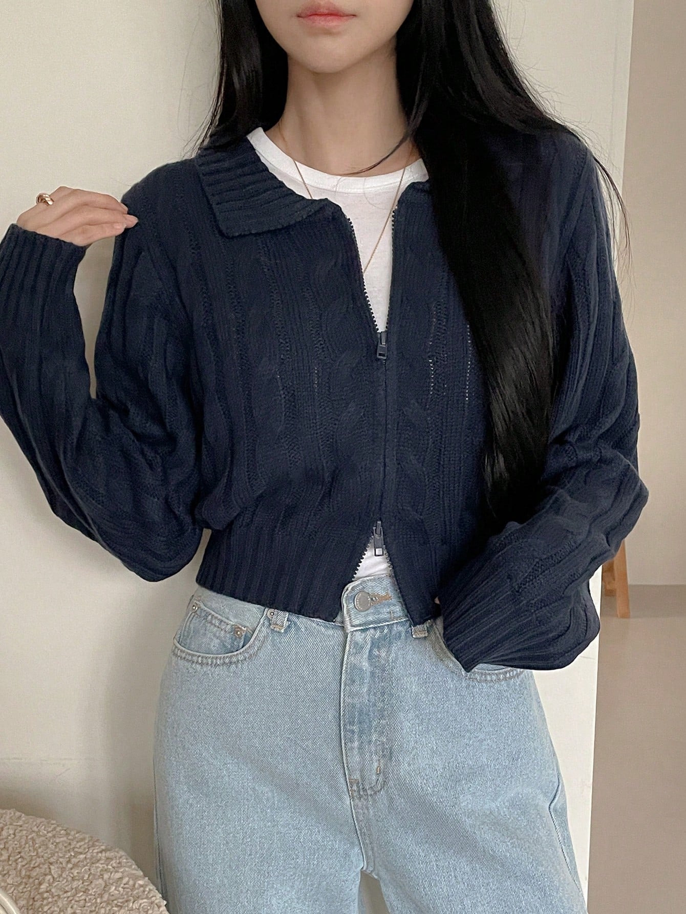 Casual Solid Color Lapel Zipper Cropped Sweater