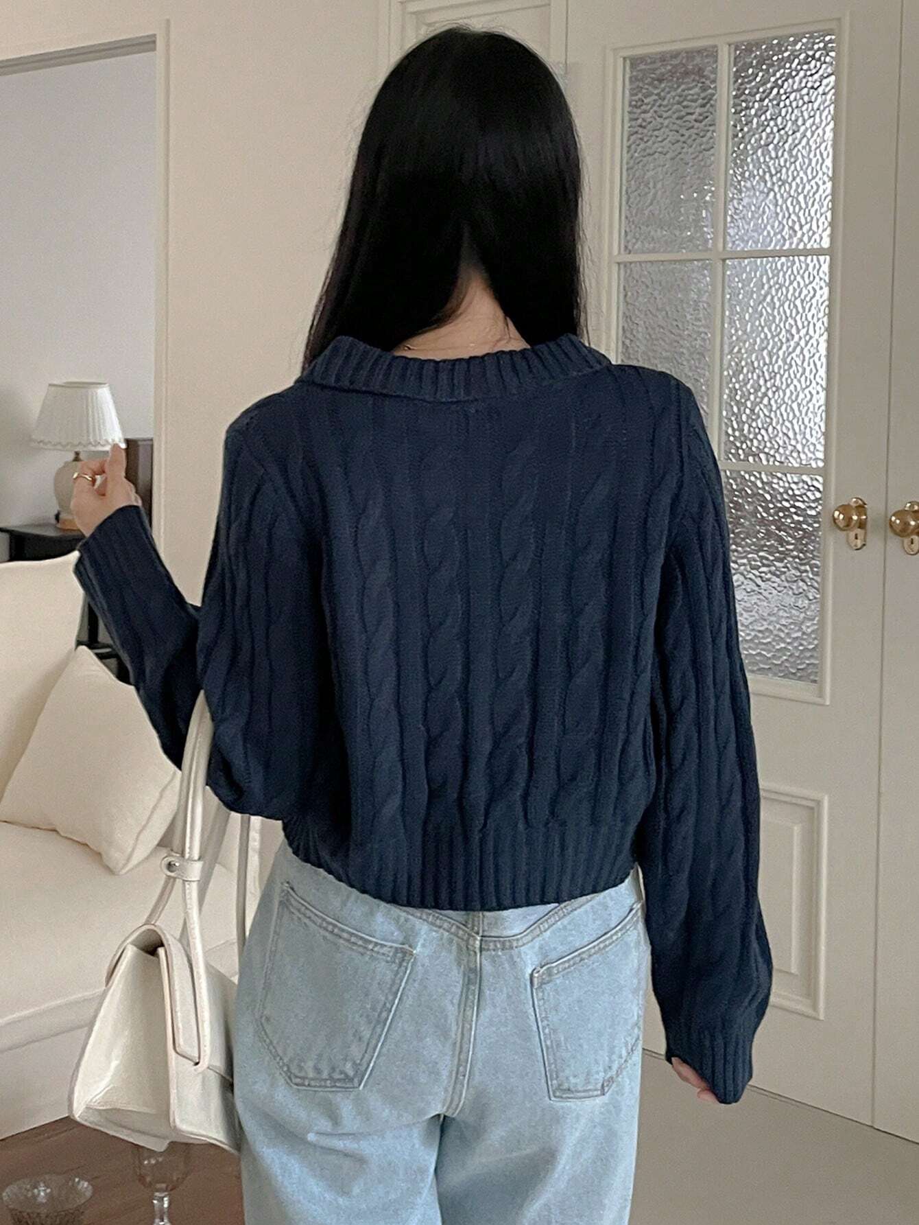 Casual Solid Color Lapel Zipper Cropped Sweater