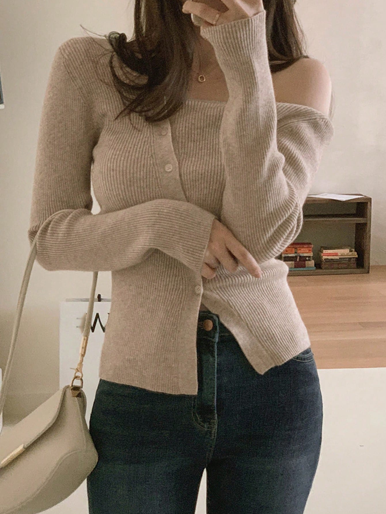 DAZY Women's Casual Solid Color Front Button Oblique Shoulder Cardigan shein