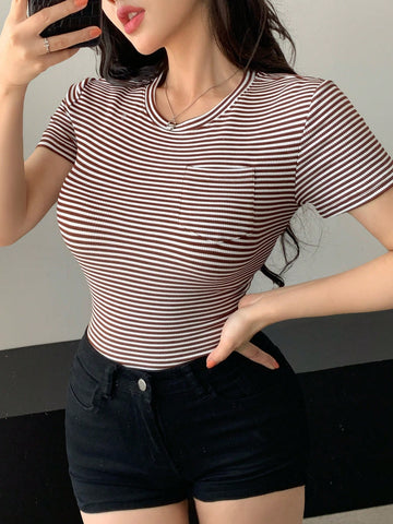 DAZY Women's Solid Color Crew Neck Fitted Short Sleeve Undershirt Summer Preppy Tops
