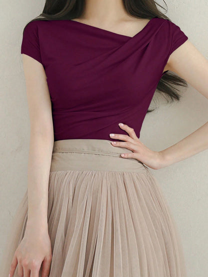 DAZY Women's Summer Solid Color Asymmetrical Collar Slim Short Sleeve T-Shirt