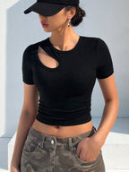 Women's Solid Color Hollow Out Round Neck Fitted Long Sleeve T-Shirt