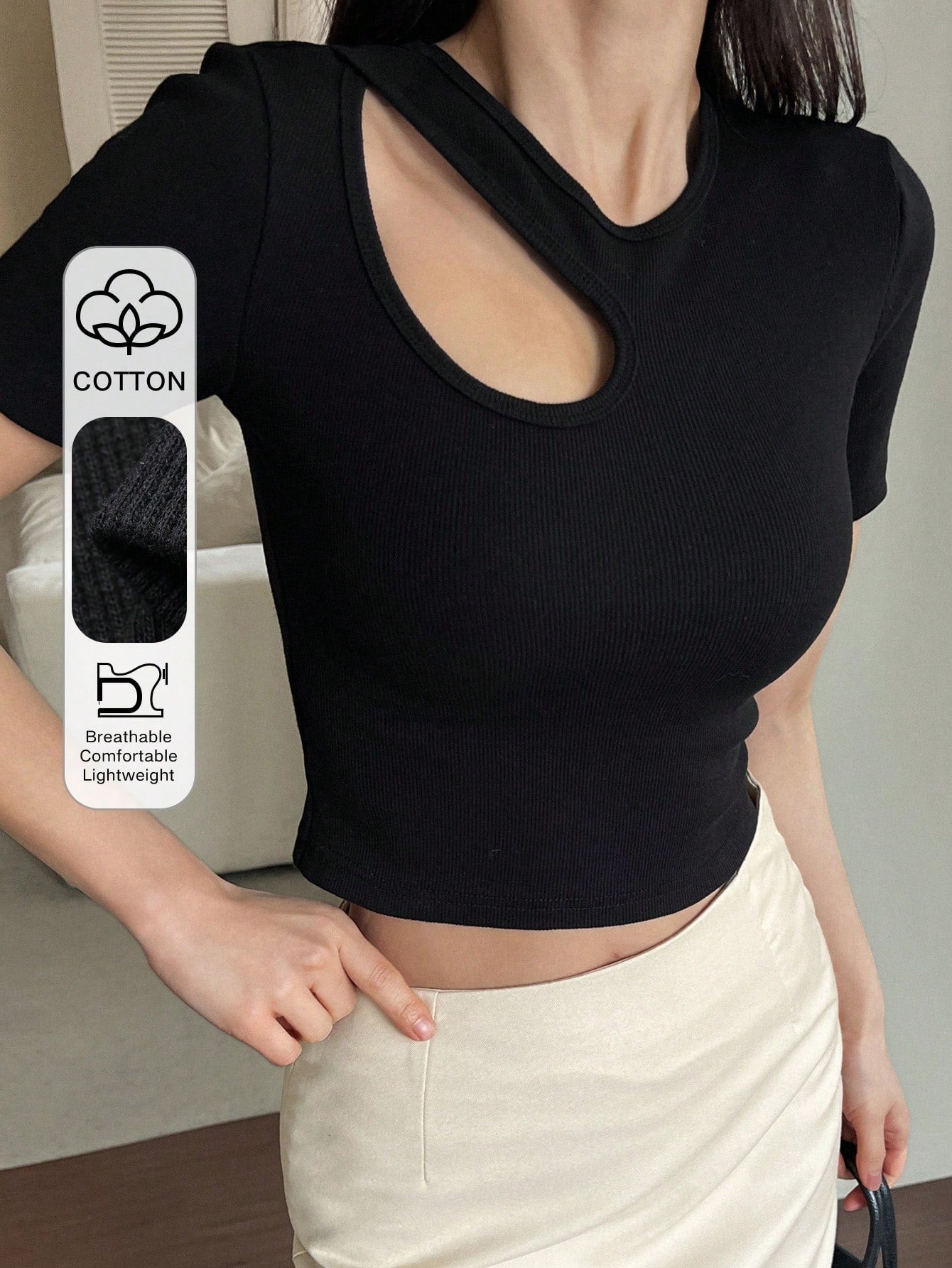 Women's Solid Color Hollow Out Round Neck Fitted Long Sleeve T-Shirt shein