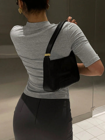 Women Plain Round Neck Short Sleeve Slim Fit Casual Top