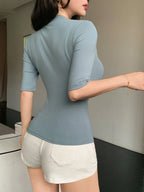 Women Plain Round Neck Short Sleeve Slim Fit Casual Top shein