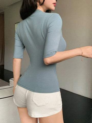 Women Plain Round Neck Short Sleeve Slim Fit Casual Top