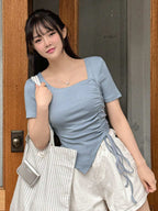 Solid Color Asymmetrical Collar Drawstring Short Sleeve Casual T-Shirt