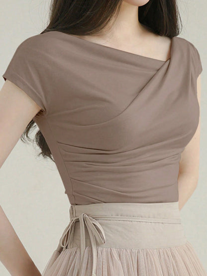 DAZY Women's Summer Solid Color Asymmetrical Collar Slim Short Sleeve T-Shirt