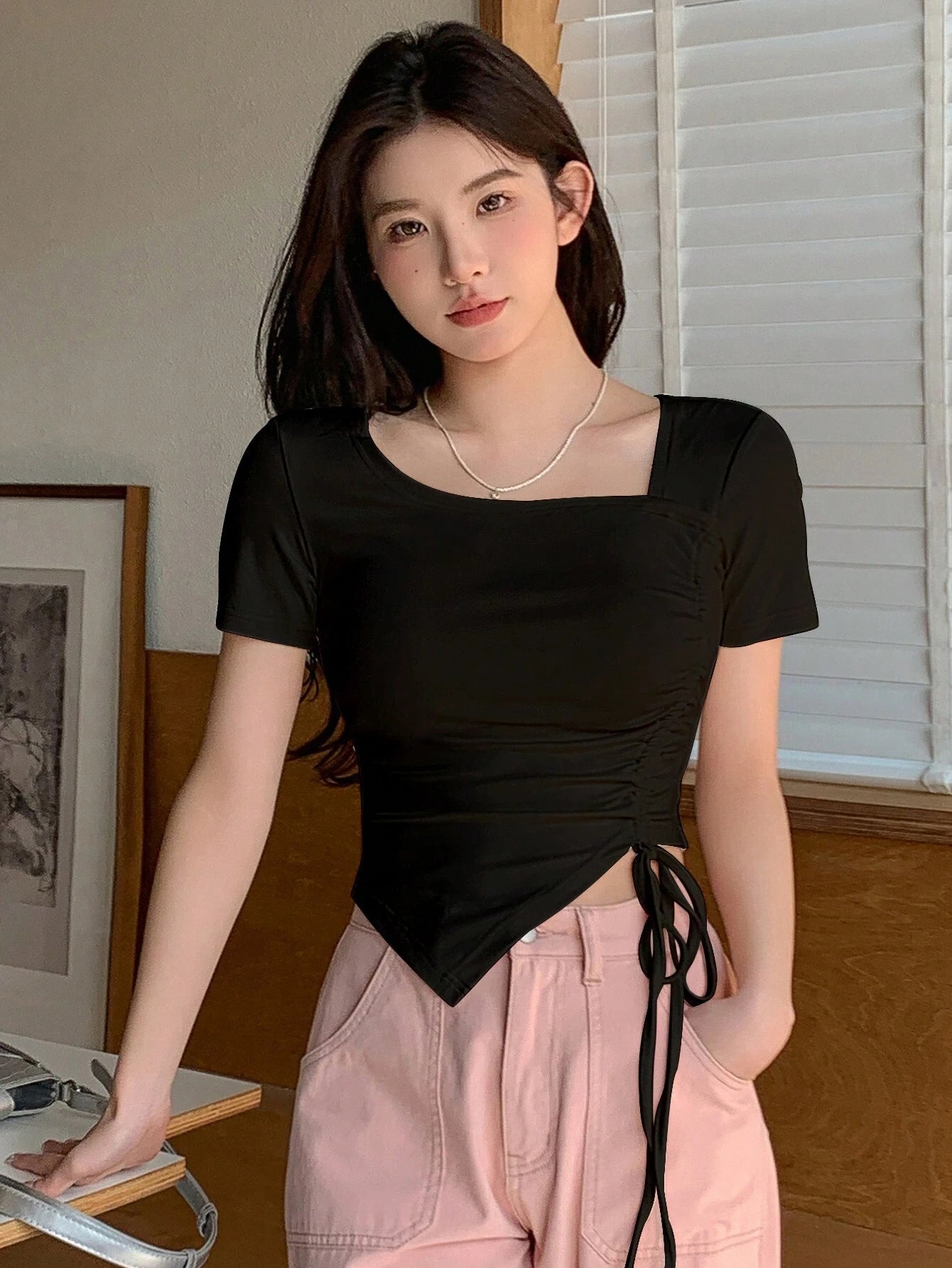 Women's Casual Polka Dot Print Drawstring Detail Asymmetric Hem Short Sleeve T-Shirt shein