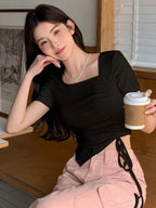 Solid Color Asymmetrical Collar Drawstring Short Sleeve Casual T-Shirt