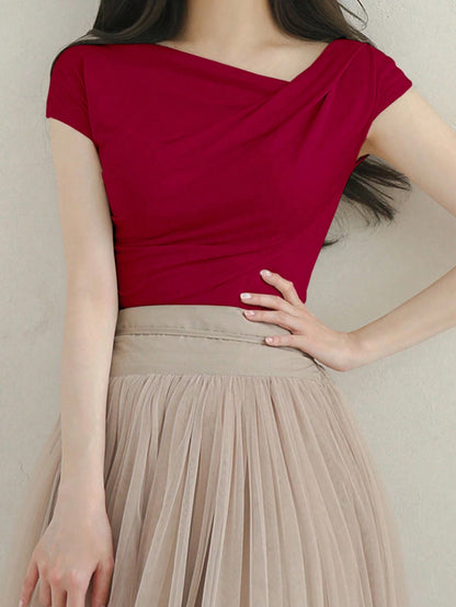 DAZY Women's Summer Solid Color Asymmetrical Collar Slim Short Sleeve T-Shirt