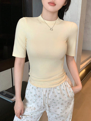 Women Plain Round Neck Short Sleeve Slim Fit Casual Top
