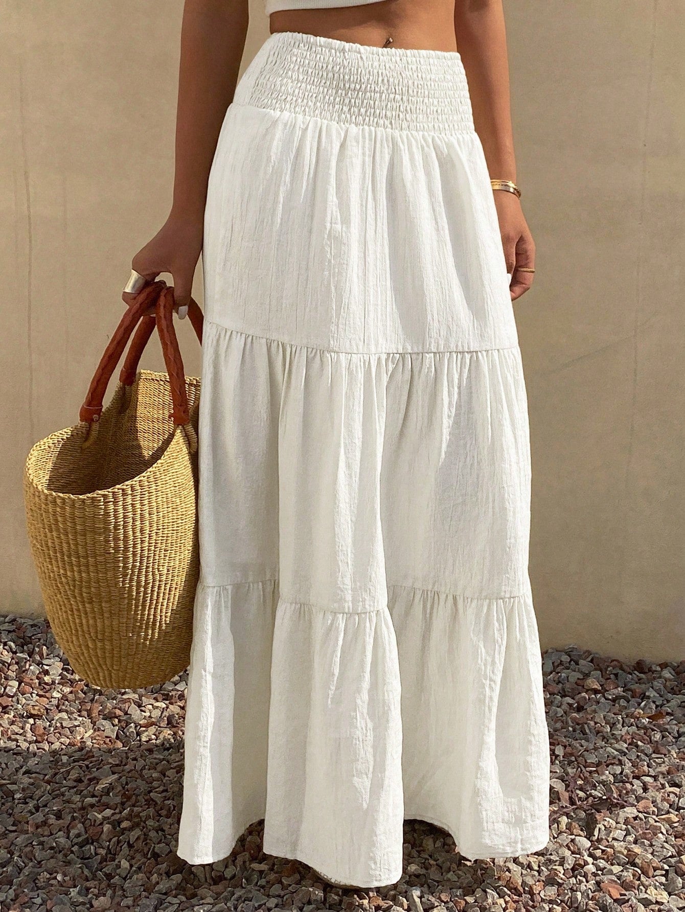 DAZY Women's Lightweight Summer Vacation Solid Color Textured Ruffle Hem Skirt