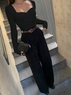 Women's Solid Color Fitted Long Sleeve Sweetheart Neckline T-Shirt shein