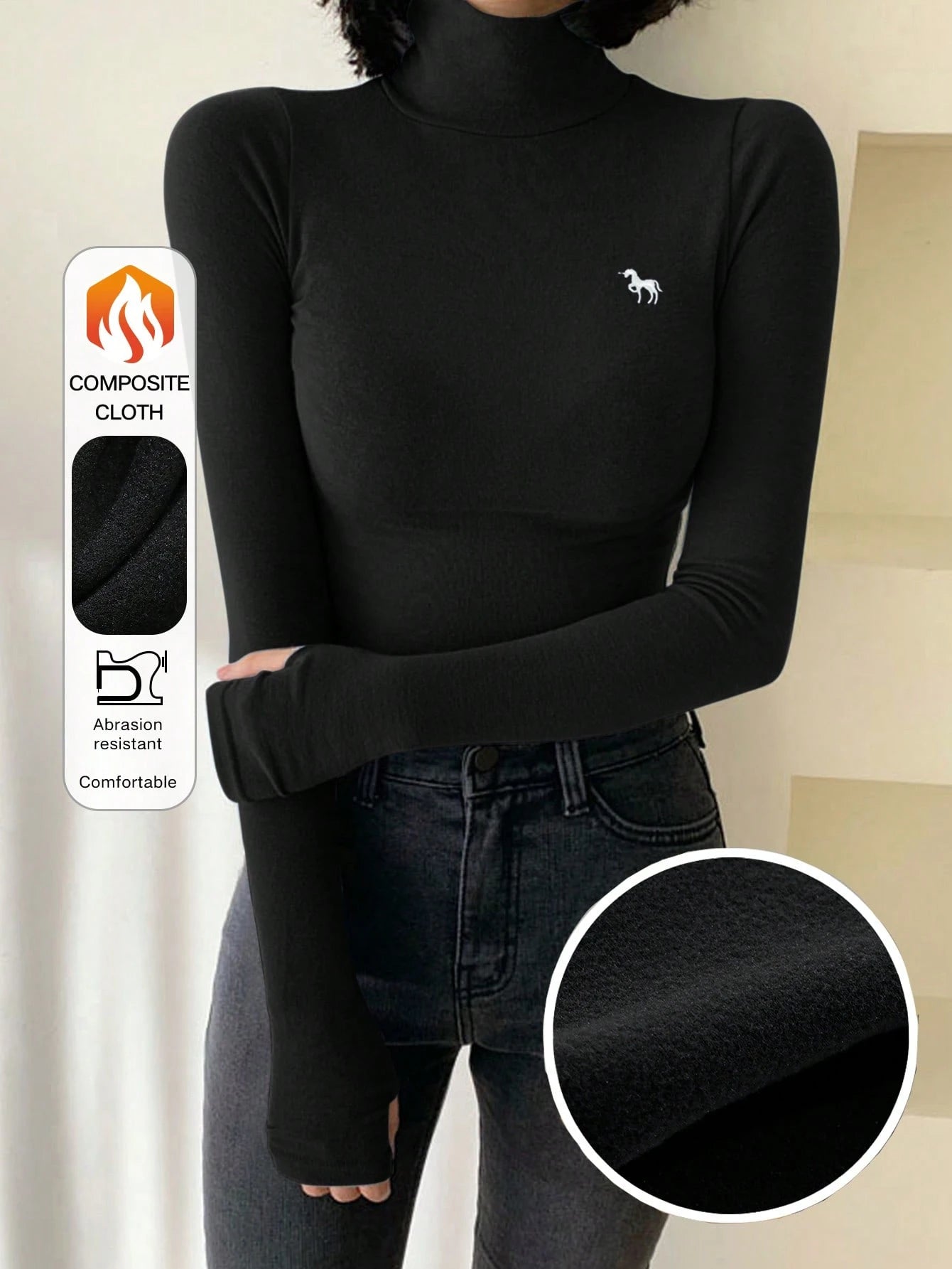 Solid Color Turtleneck Form-Fitting Thermal Lined T-Shirt Long Sleeve