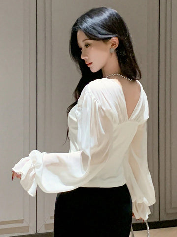 DAZY Women V-Neck Patchwork Puff Sleeve Blouse