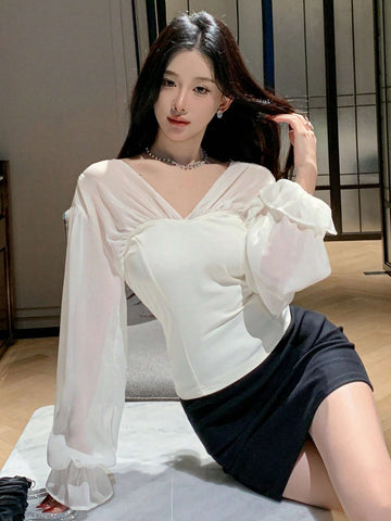 DAZY Women V-Neck Patchwork Puff Sleeve Blouse