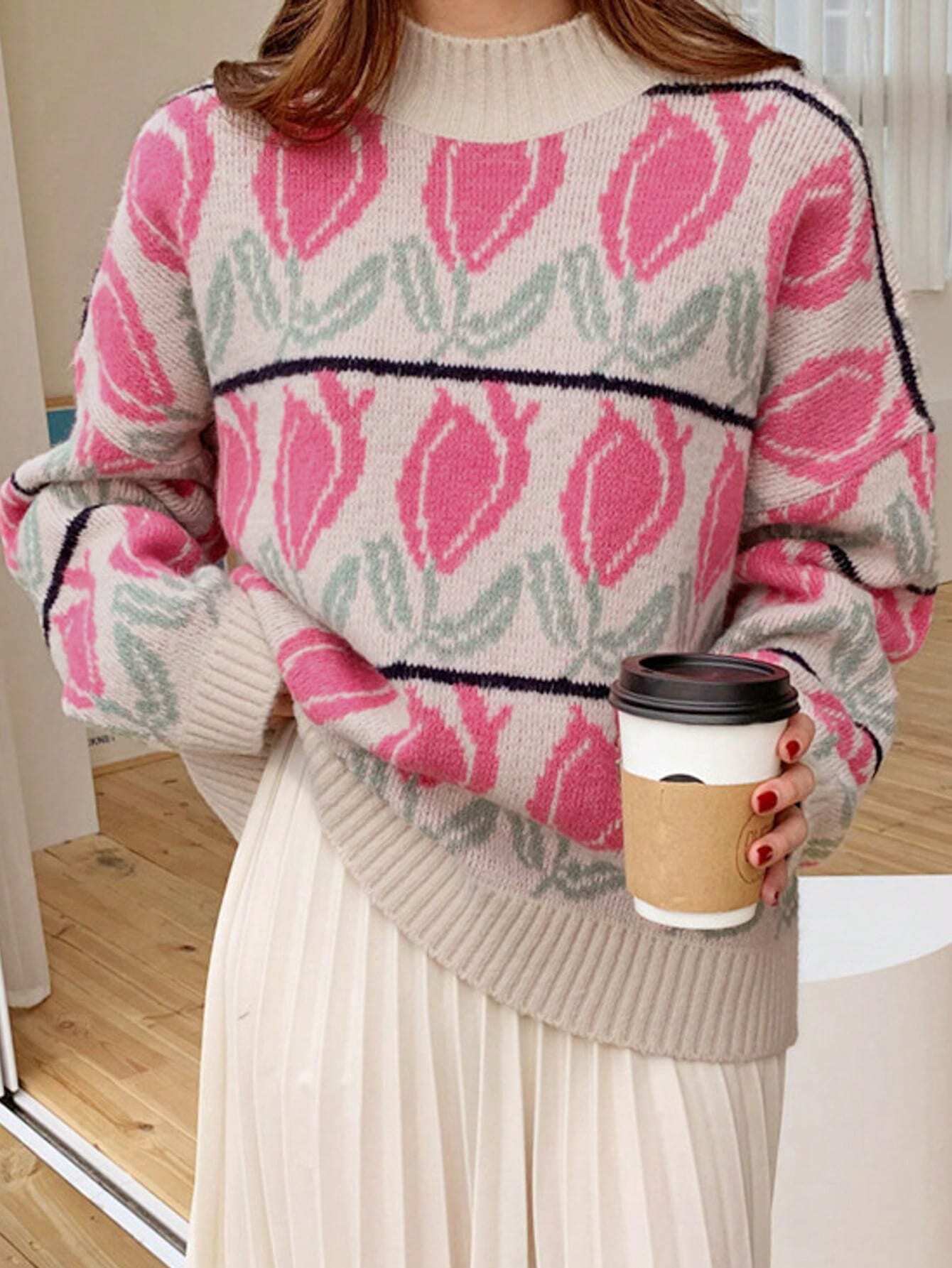 DAZY flower Pattern Drop Shoulder Sweater shein