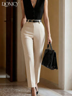 Women's Mid-High Waist Zipper Fly Pocket Fashion Business Casual Trousers shein