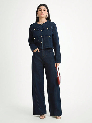 Daynim Women's Solid Color Casual Denim Jeans Wide Leg Jeans